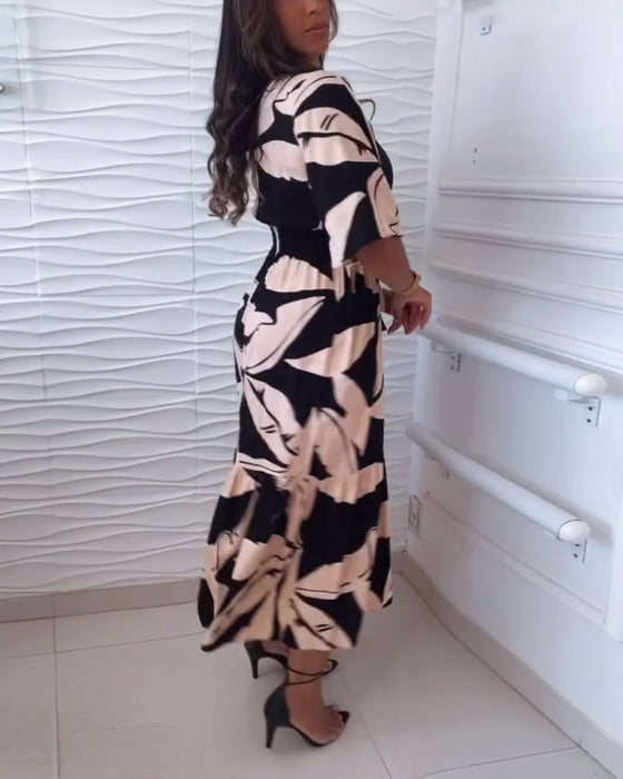 V-neck three-quarter sleeve drawstring elegant dress