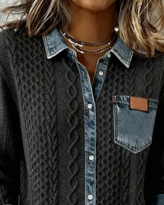 Long-Sleeved Denim Patchwork Shirt