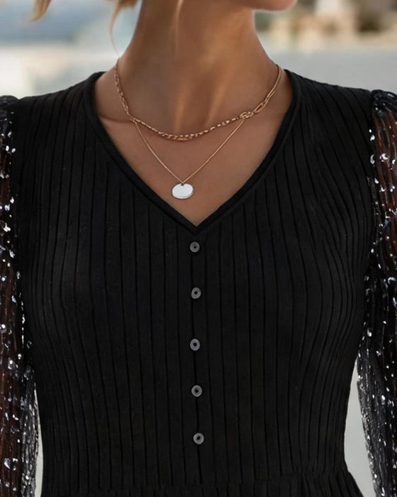 V-Neck Button Lace Patchwork Dress
