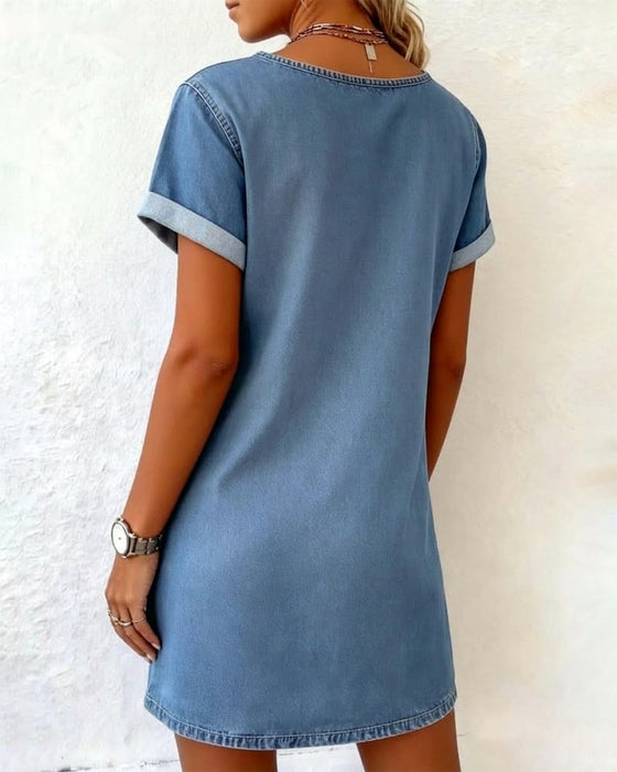 Denim V-Neck Short-Sleeved Shift Dress
