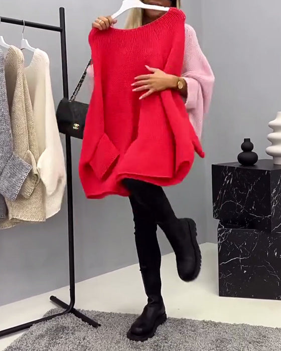 Fashion solid color bat sleeve round neck pullover