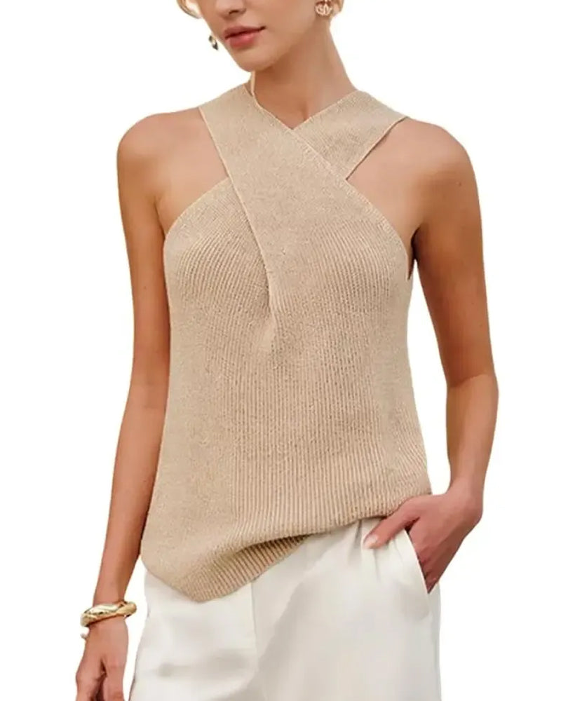 Women Halter Cross Over Collar Tank Knit Sleeveless Top