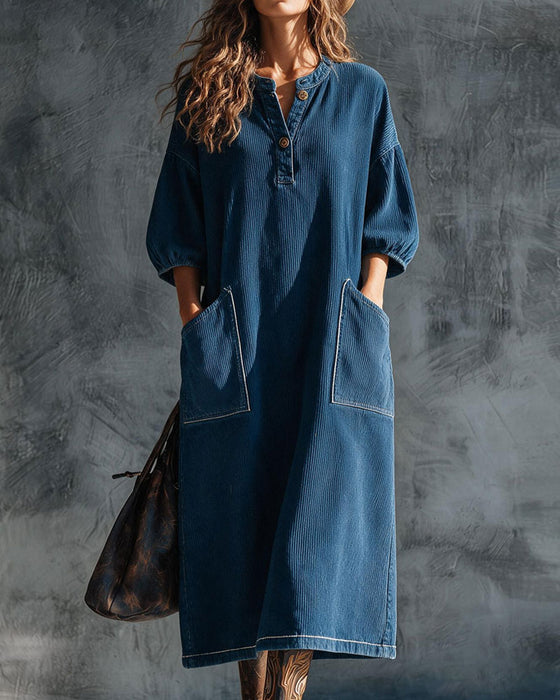 Corduroy Button Front Elbow-Length Puff Sleeve Loose Dress