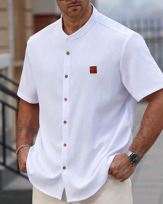 Textured Stand Collar Short Sleeve Shirt