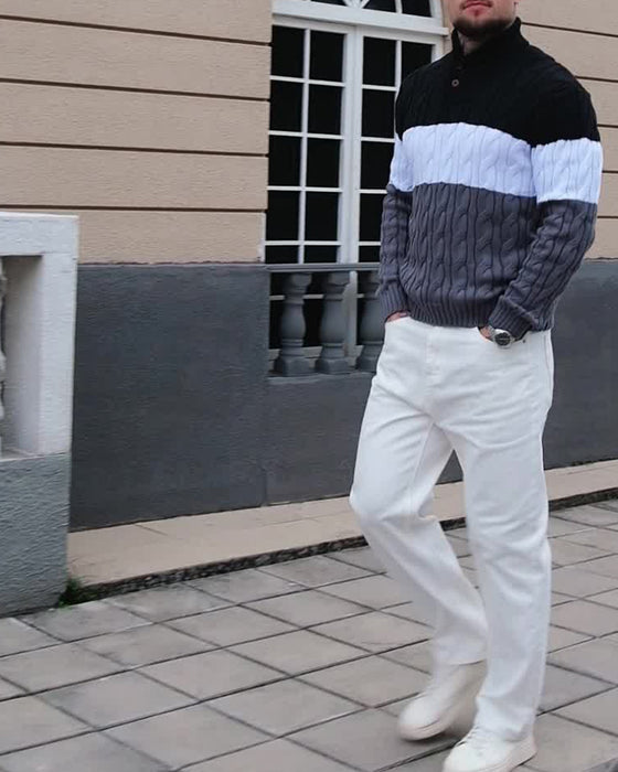 High Neck Button Contrast Men's Pullover