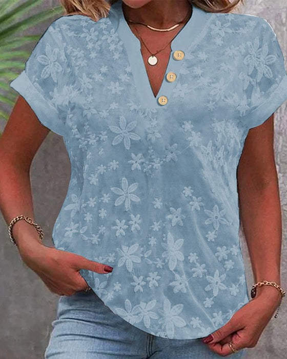 Simple Casual Solid Color V-Neck Short-Sleeved Blouse