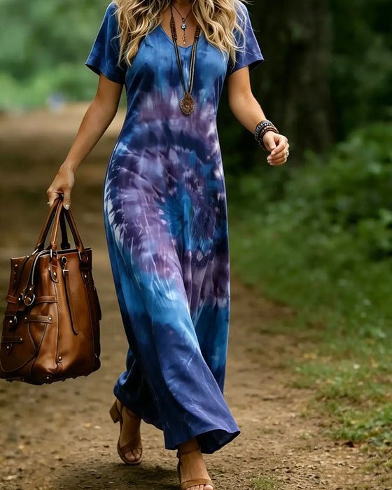 V-Neck Contrast Gradient Flared Dress