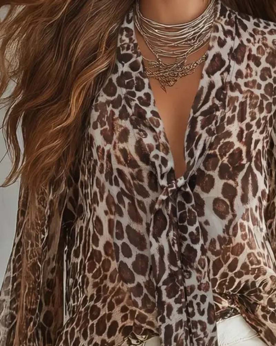 Sheer Leopard V‑Neck Long‑Sleeve Shirt