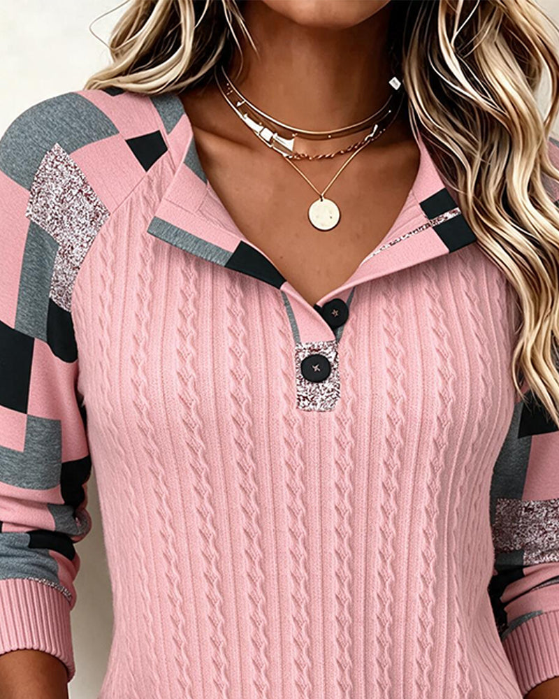 Color Block Henley Collar Long-Sleeve Buttoned Sweatshirt