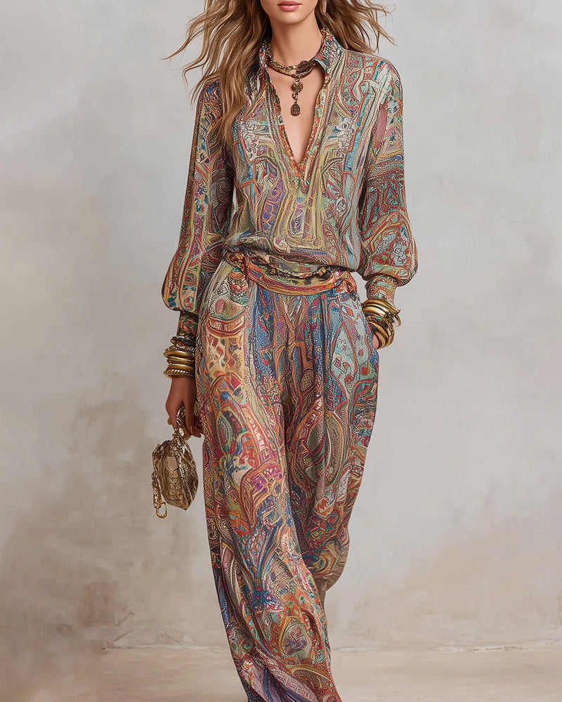 V-Neck Print Draped Casual Set