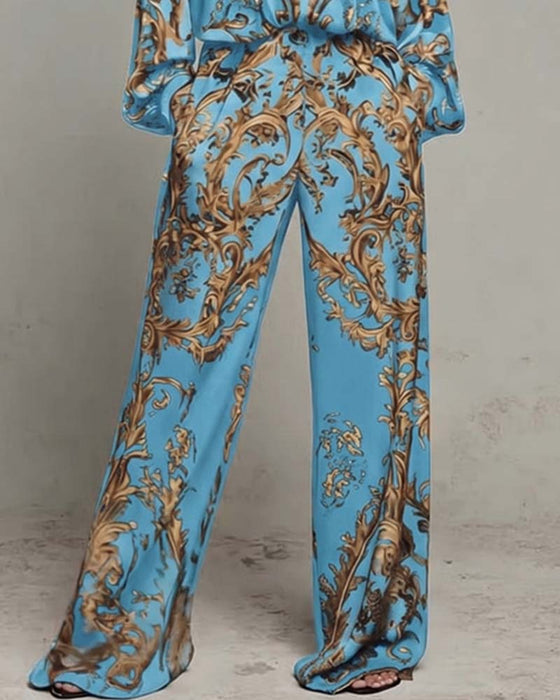V-Neck Lantern Sleeve Wide Leg Pant Set