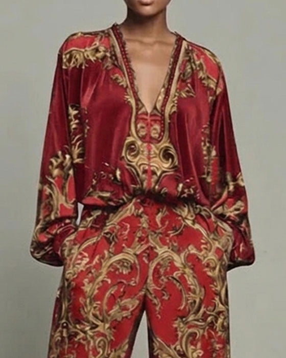 V-Neck Lantern Sleeve Wide Leg Pant Set