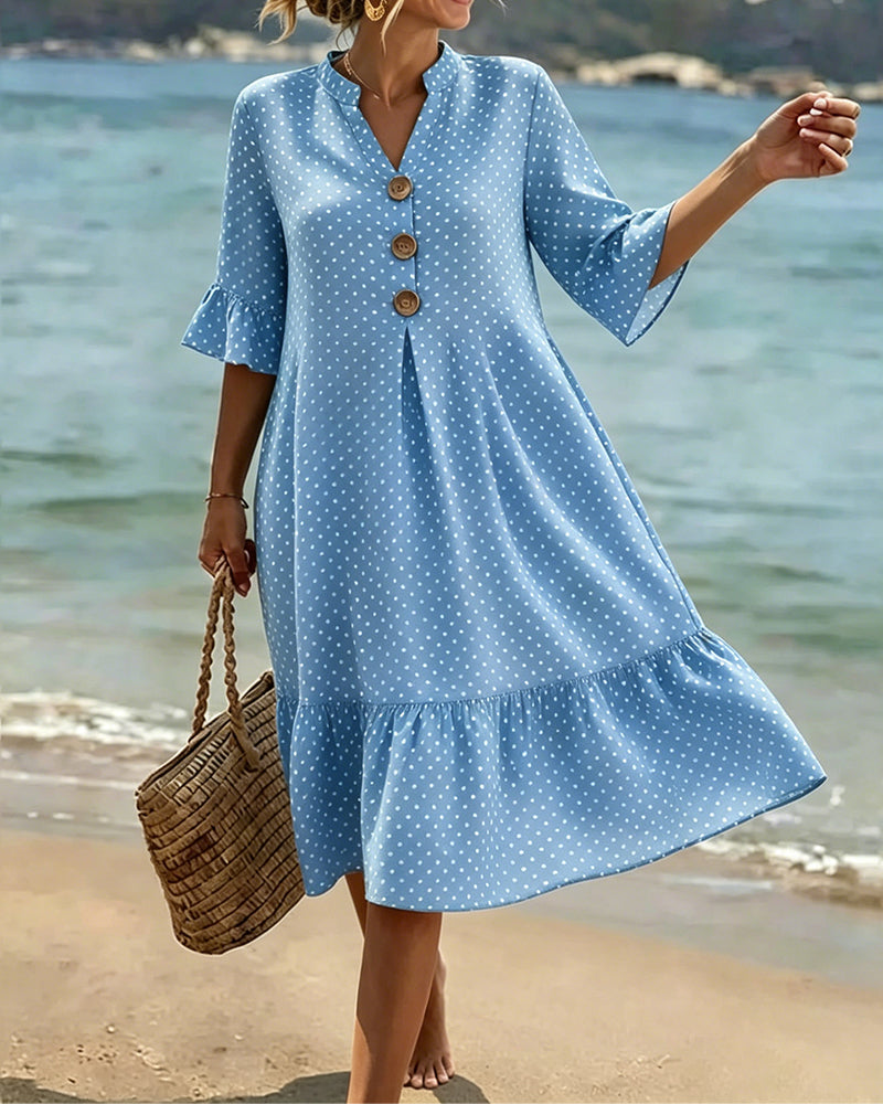 Polka Dot V-Neck Ruffle Sleeve Dress