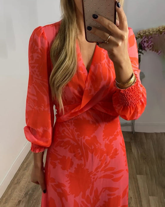 V-neck waist-cinching printed dress