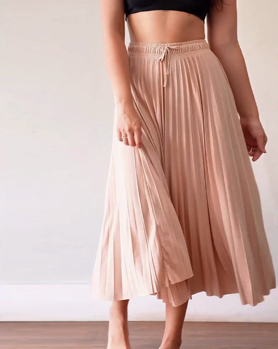 Elegant solid color drawstring pleated skirt