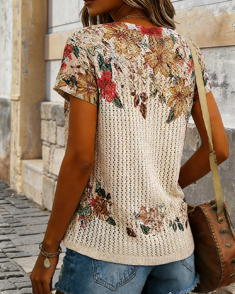 Cut-Out Floral Short Sleeve Knit Tops