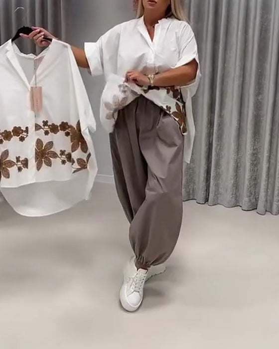 Floral Print Mandarin Collar Loose Blouses