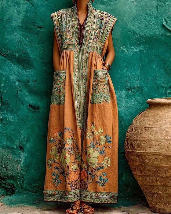 Retro Print Pocket Sleeveless Long Dress