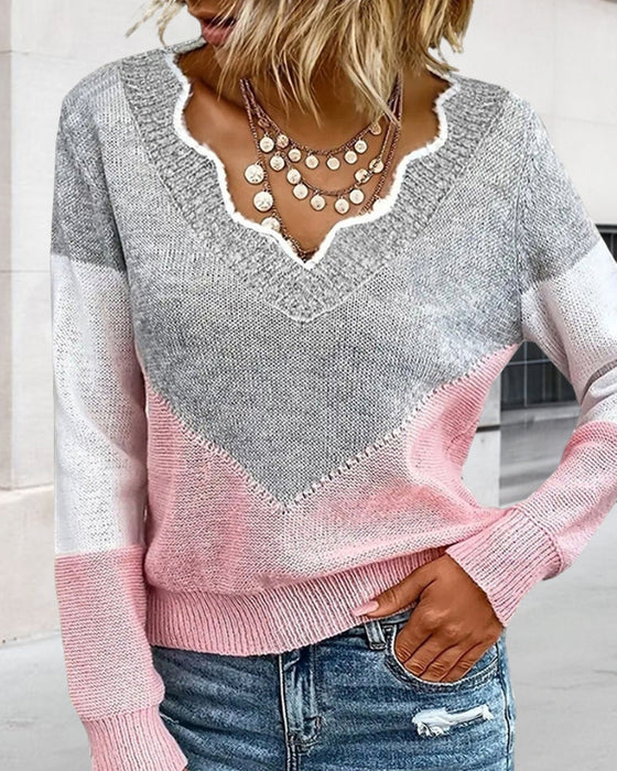 V Neck Color Block Pullover