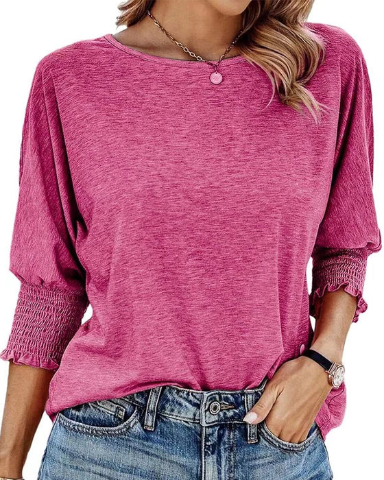 Loose Round Neck Shirred Cuff T Shirt