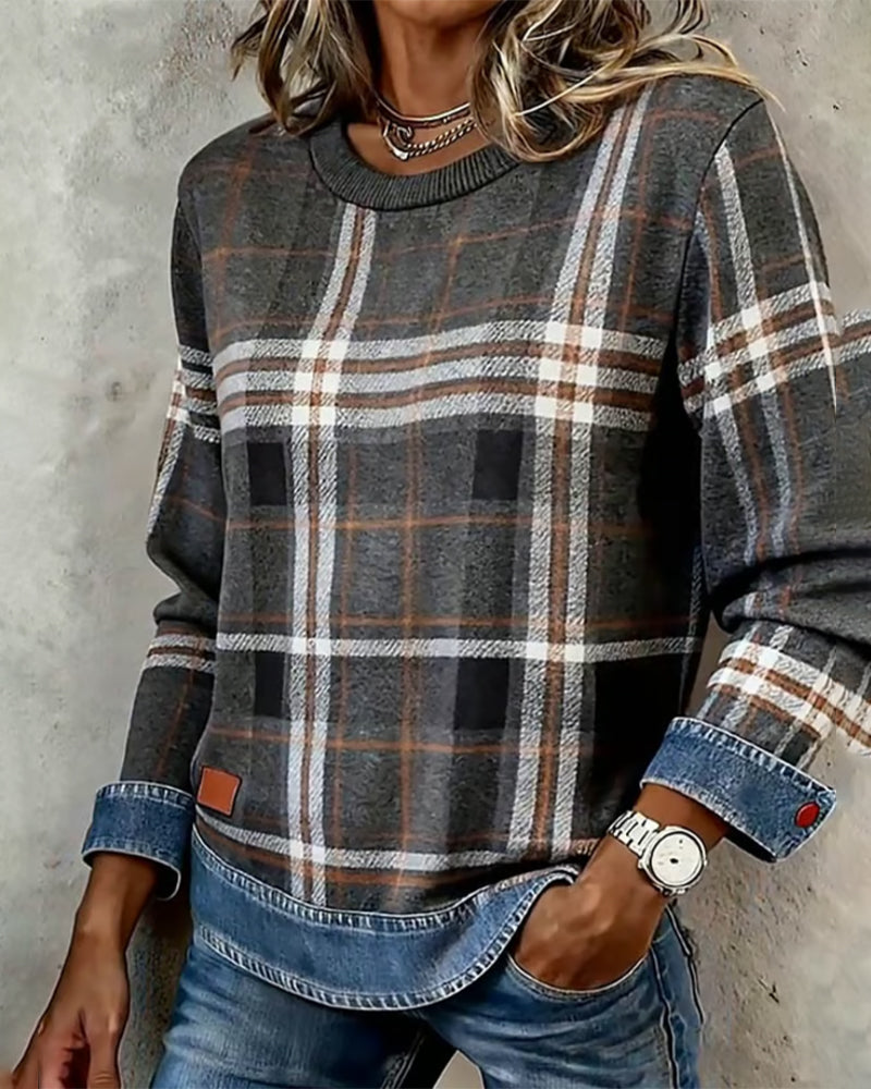 Plaid Denim Patchwork Sweatshirt