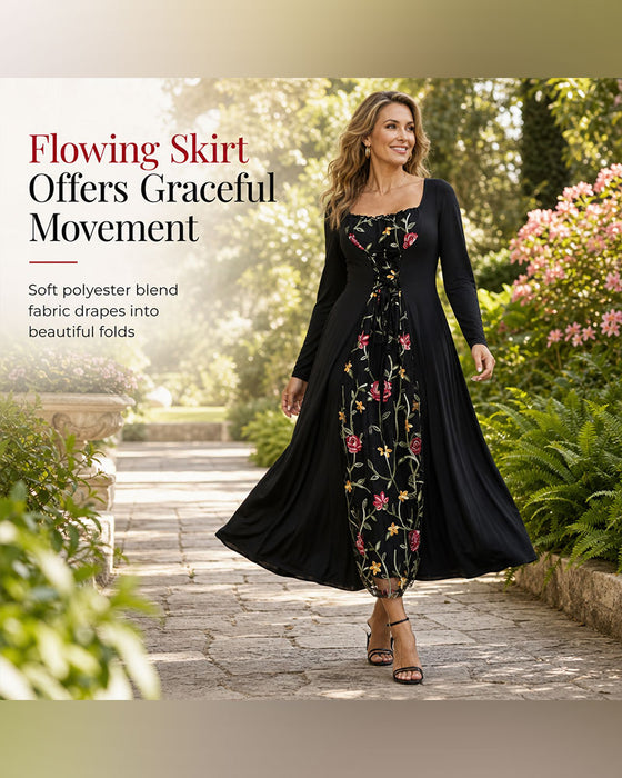 Square Neck Rose Spliced Maxi Dress