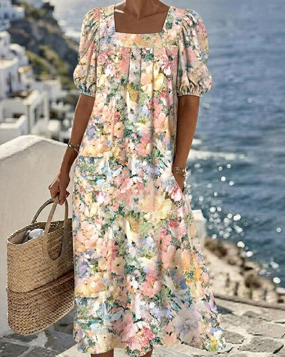 Printed Square Neck Bubble Sleeve Dress