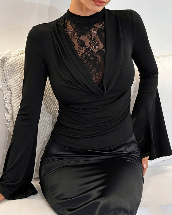 Mock Neck Lace Panel Flared Sleeve Top