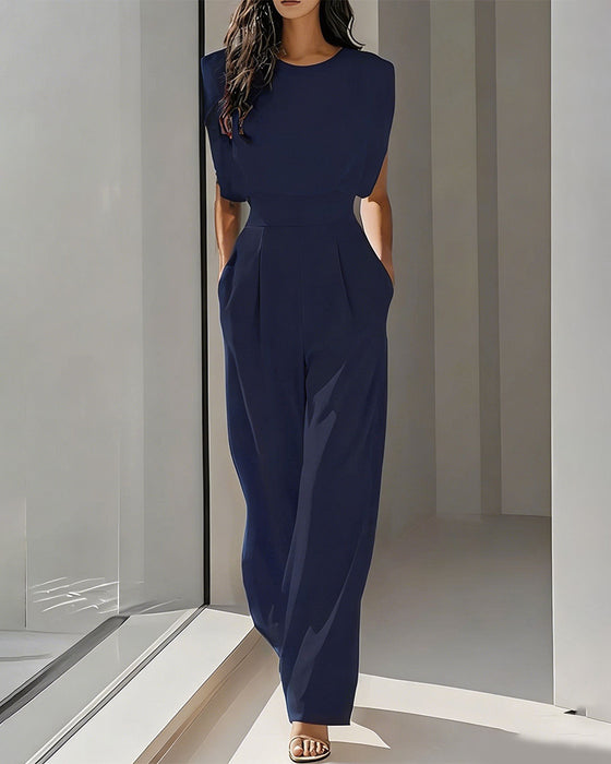 Solid Casual Belted Jumpsuit