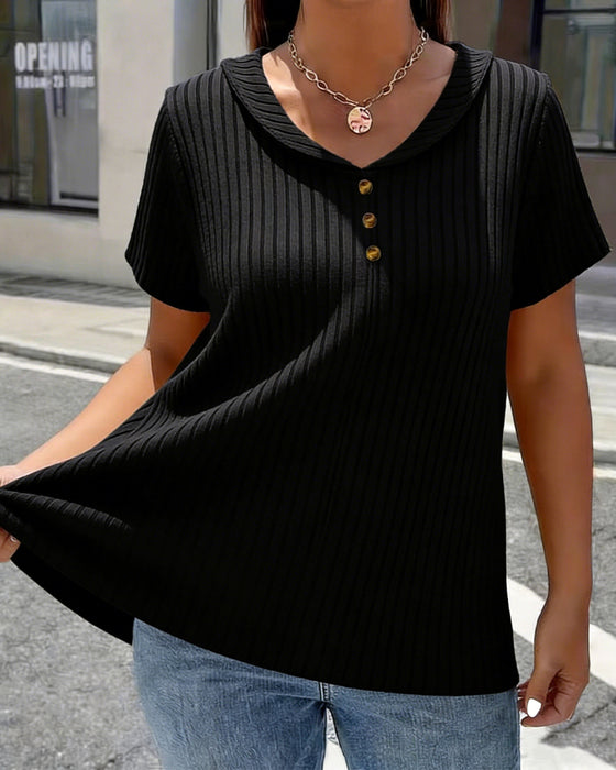 Ribbed V-Neck Mini Lapel Short Sleeve T-Shirt