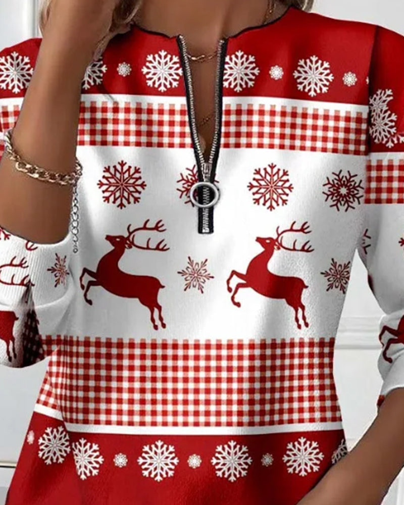 Zippered Snowflake Print Sweatshirt