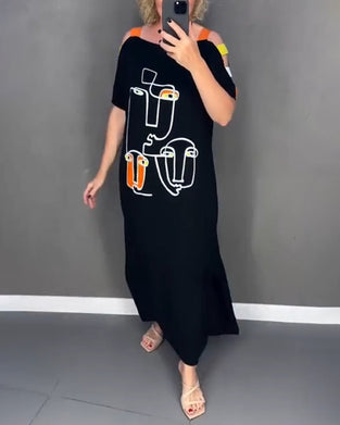 Cold Shoulder Hollow Print Slit Dress