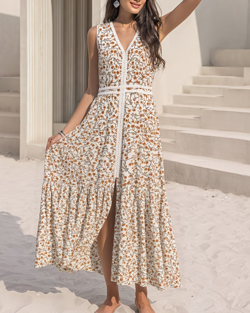 Sleeveless V-Neck Floral Dress