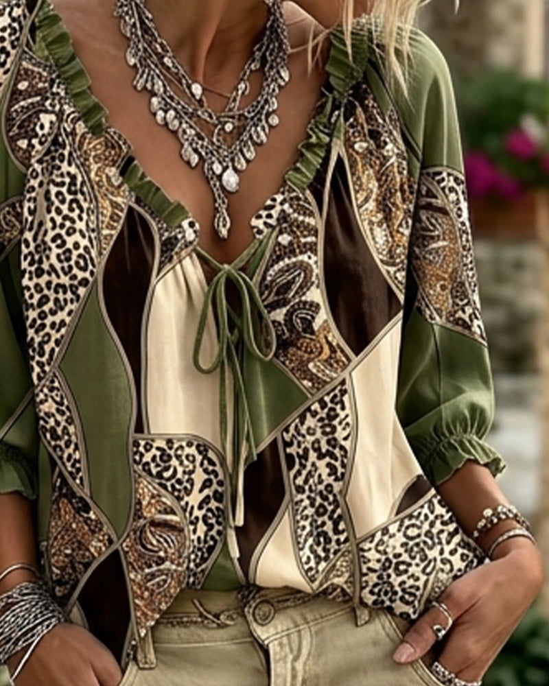 V-Neck Leopard Puff Sleeve Tie Blouse
