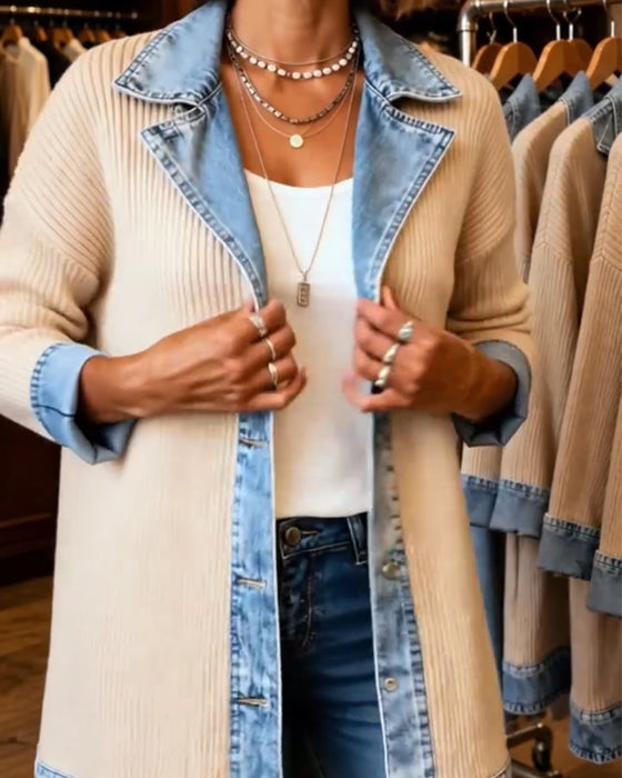 Lapel Button Front Denim Panel Coat