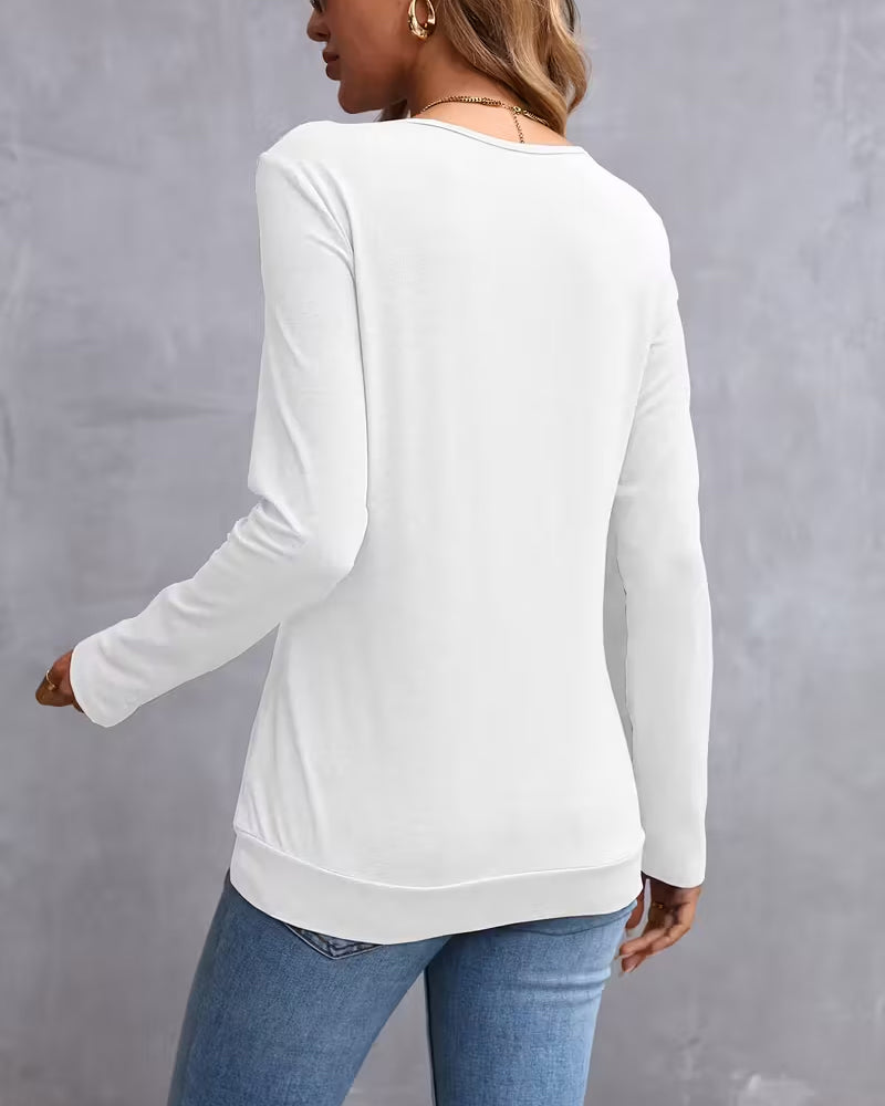 V-Neck Button-Down Long-Sleeved Top