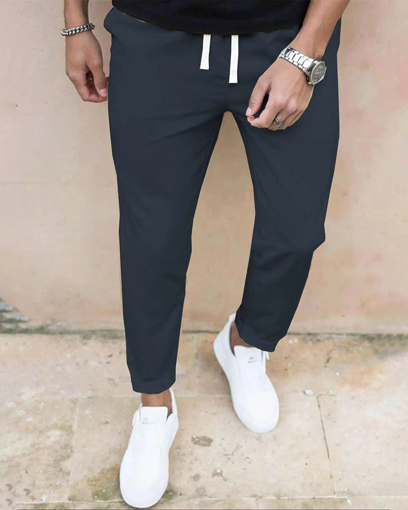 Men's Solid Drawstring Slim Fit Cropped Pant