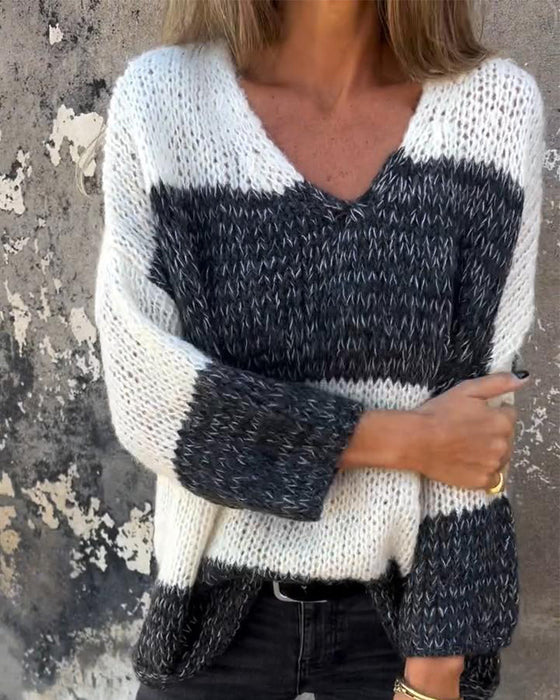 V-neck contrast casual sweater