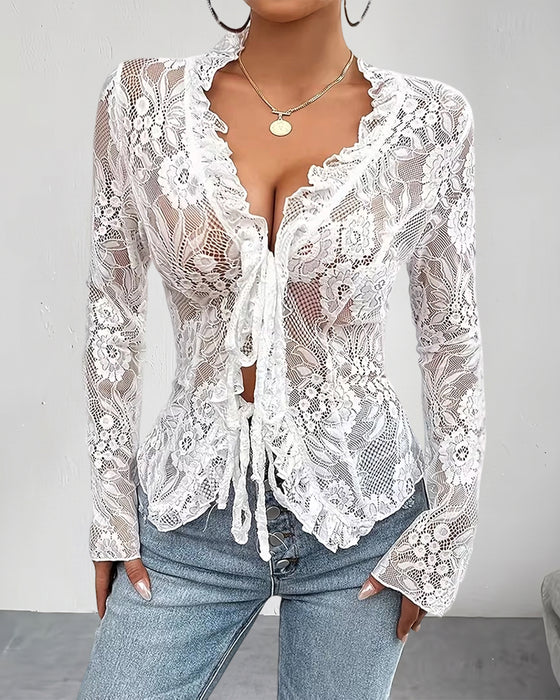 V-Neck Tie Lace Blouse
