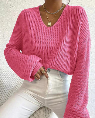 V-Neck Short Drop-Shoulder Long-Sleeve Pullover