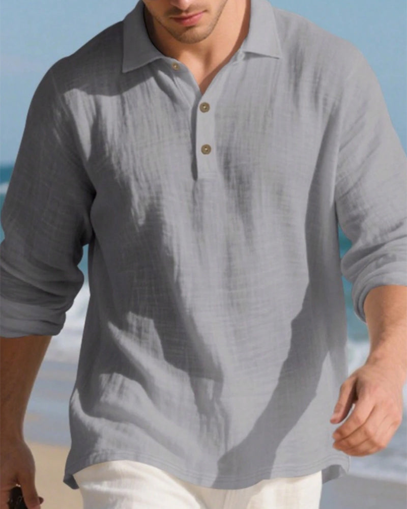 Men's Lightweight Loose Linen Long Sleeve Polo Shirt