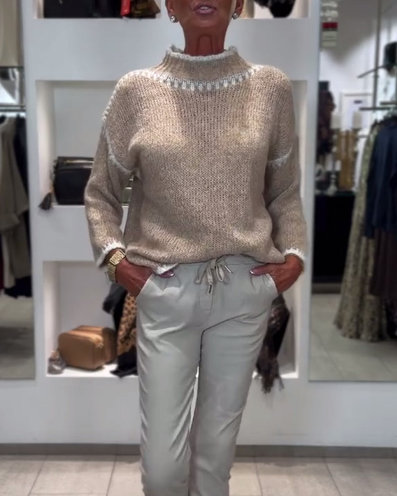 High-Neck Contrasting Color Versatile Pullover