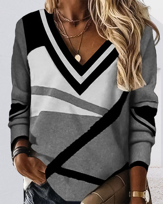 V-neck color-block long-sleeved top