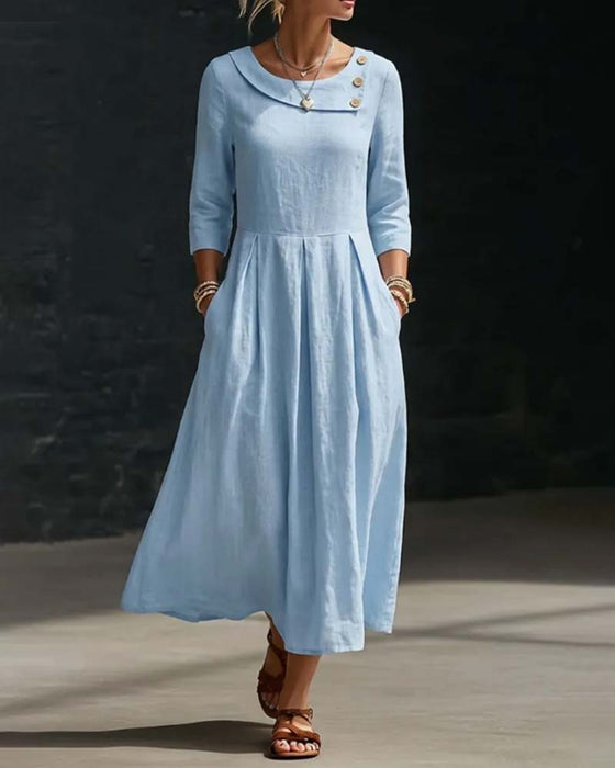 Crew Neck Side Button 3/4 Sleeve Dress