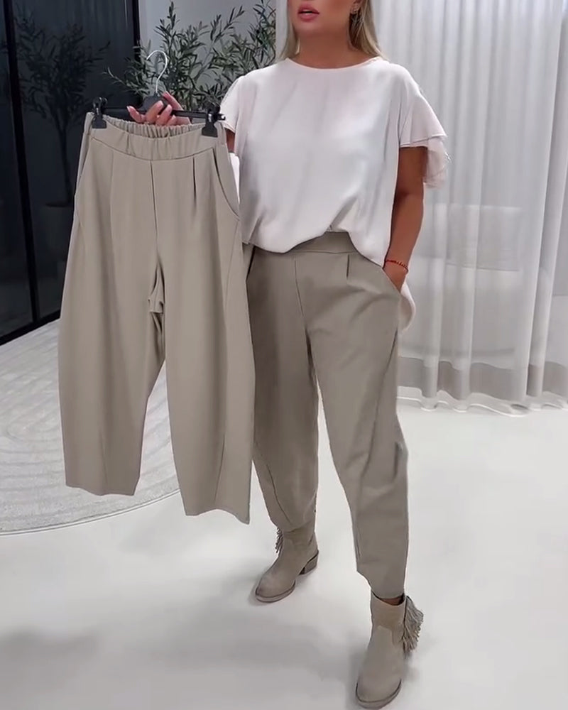 Solid Color Elastic Waist Fashion Pants