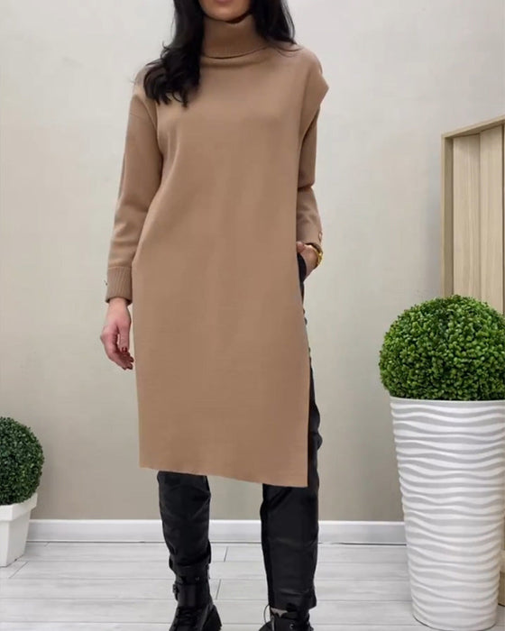 Side slit turtleneck sweater dress