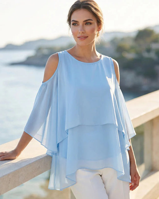 Crewneck Cold-Shoulder Asymmetrical Blouse