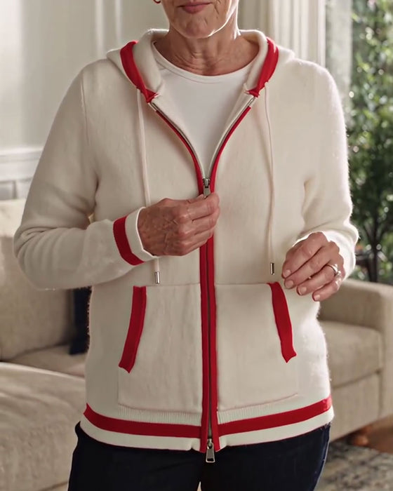 Hooded Full-Zip Contrast Sweater Cardigan
