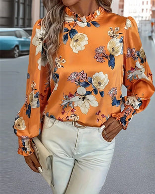 Balloon-Sleeve Floral Blouse