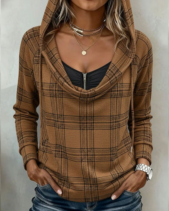 Plaid Mock Layered Turtleneck Hoodie Top